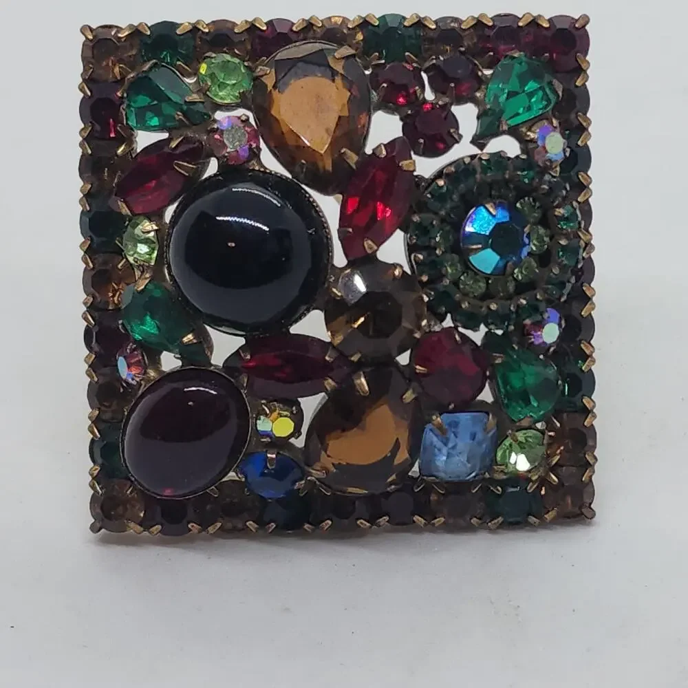 Vintage HUGE Weiss Fruit Salad Rhinestone Cabochon Square Multicolor Unsigned